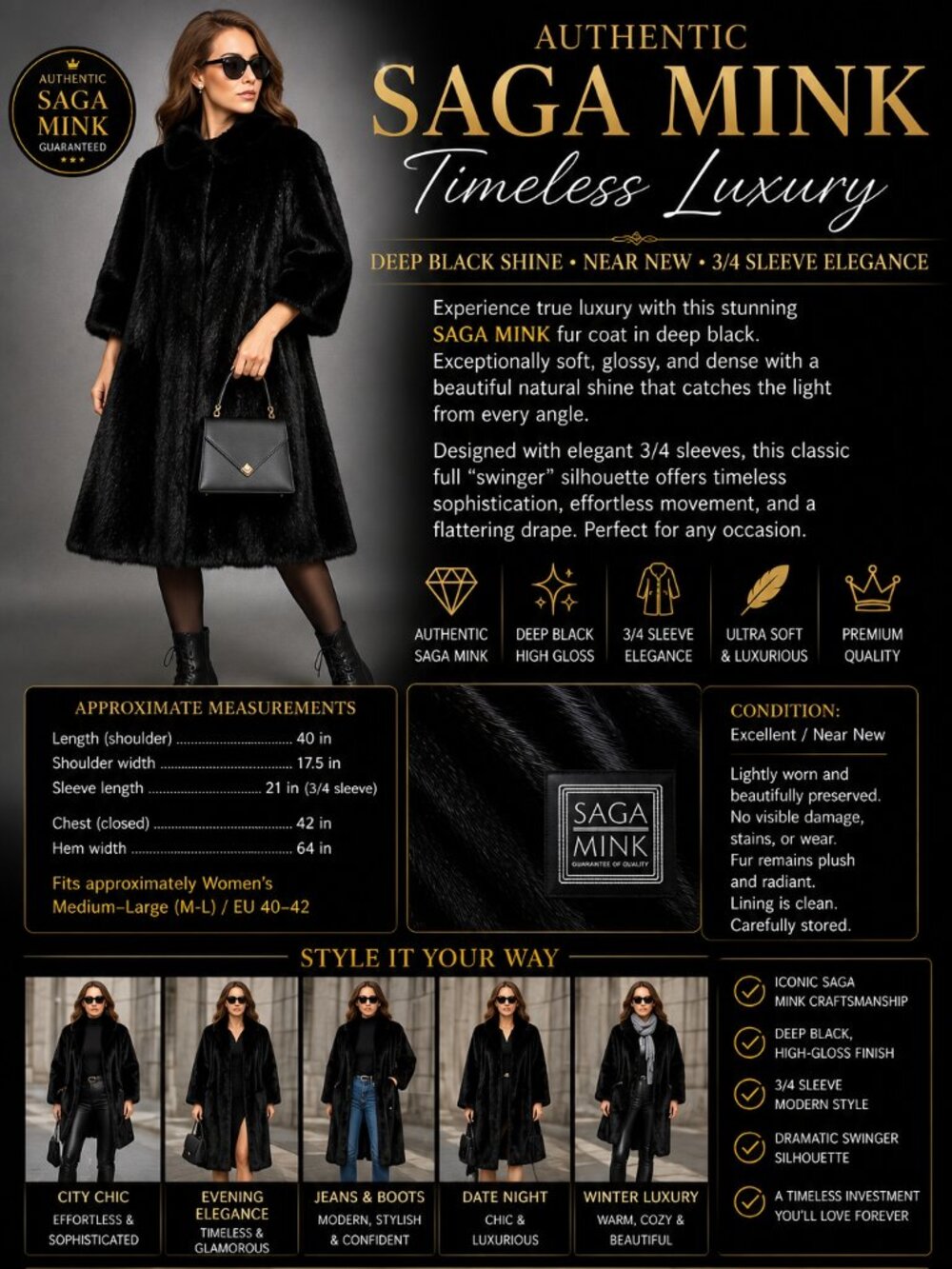 Authentic Black SAGA MINK Fur Coat | Quiet Luxury | Glossy Full Swinger | M-L